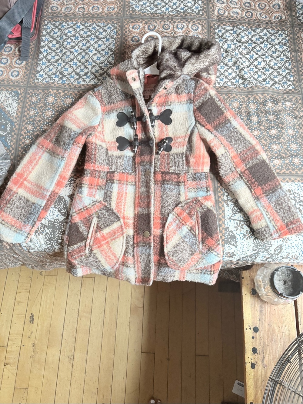 Urban Republic Plaid Hooded Pea Coat in Pink, Brown & Cream